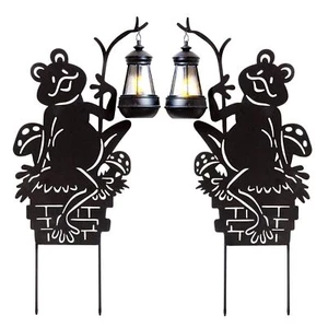 Frogs w/Lamp Solar Garden Stakes 2-Pack Set of 2 Lawn Ornament Metal Silhouet... - Picture 1 of 8