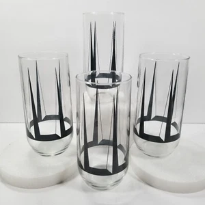 Drinking Glasses Vintage Clear Glass Black Pyramid MCM Modern Sail - Picture 1 of 8