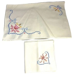 #6224 Set of VTG Placemats & napkins crosstich Beige with blue and red handmade - Picture 1 of 6