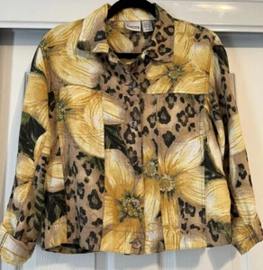 Chicos Women’s Linen Jacket Flower Spring Leopard Pockets Size 0 XS - Picture 1 of 8