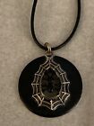 Spider Within Spider Web On A Black Painted Washer Necklace W/Black 18” Cord