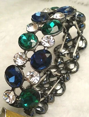 Glass Faceted Crystal Rhinestone STRETCH Bracelet Blue, Green, Clear, Quality! - Image 1 of 4