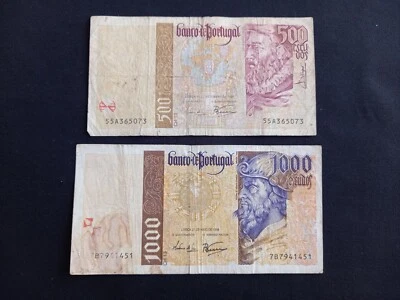 PORTUGAL 500 (1997) + 1000 (1998) ESCUDOS Banknotes - Circulated / Damaged - Image 1 of 2