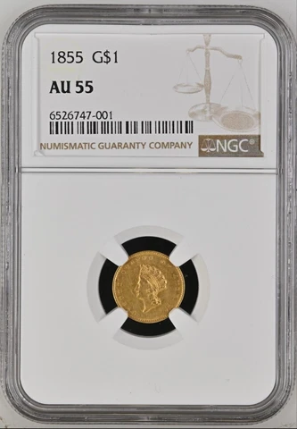 1855 Gold $1 Indian Gold Dollar (G $1 Coin) - Certified NGC AU55 - Rare! Cover
