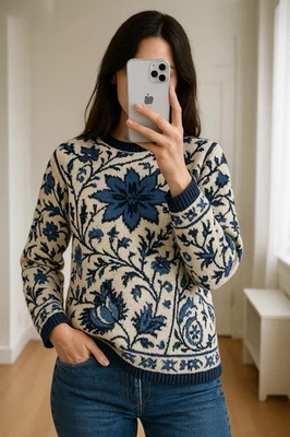 Vintage 1980s Floral Knit Jumper UK 12–14 UK Made Cotton Blend, Rare Retro Morri - Image 1 of 4