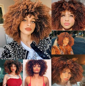 RunM 14" Short Curly Afro Wig w/ Bangs Ombre Brown Kinky Synthetic Hair Women - Picture 1 of 7