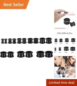 Stylish Black Silicone Ear Tunnels - 16 PCS Set for Safe Body Piercing Expansion - Picture 1 of 10