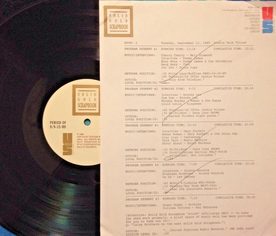 RADIO SHOW 9/12/89 DOUBLE TALK: NEIL DIAMOND,TOMMY JAMES,CHER,DIXIE CUPS,ARCHIES - Image 1 of 1