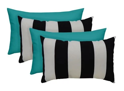 Set of 4~ Outdoor Black/White Stripe and Cancun Blue Rectangle Lumbar Pillows - Image 1 of 3