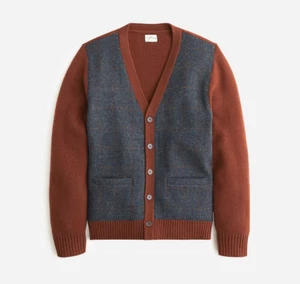 NEW MEN'S J CREW HARRIS TWEED WOOL V-NECK CARDIGAN SWEATER IN DEEP REDWOOD - Picture 1 of 4
