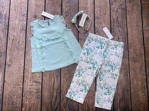 Kleinkind Mädchen Größe 3 Janie und Jack blau Ostern Rüschen Top Blumen Hose Stirnband - Bild 1 von 5
