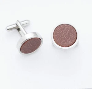 C0563 CUFF LINKS CUFFLINKS ROUND BROWN SHINY DAZZLING SPOTS DRUSY GEM STONE NEW - Picture 1 of 1