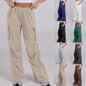 Women Solid Casual Winter Autumn Pants Ladies Wide Leg Pockets Trousers Bottoms - Picture 1 of 19