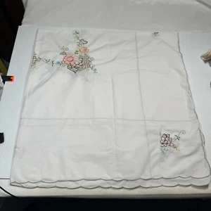 ~46 X ~48” Vintage Hand Embroidered Tablecloth Fruit Basket Grapes/Olives - Picture 1 of 7