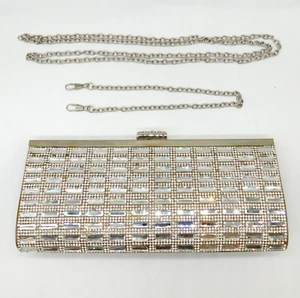 Silver Crystal Beaded Evening Clutch Bag Chain Strap Glam Party Vintage Style - Picture 1 of 11