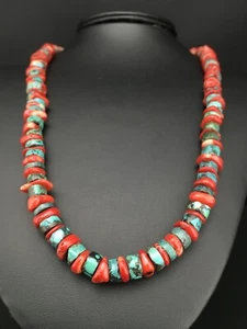 Green Turquoise & Coral Navajo Sterling Silver Heishi Necklace 20" 1266 - Picture 1 of 12