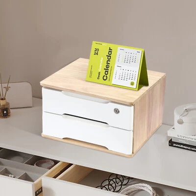 2 Tiers Wooden Desktop Storage Box Organizer With Lockable Drawers Office & Home - Image 1 of 4
