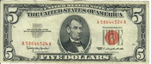 1963 5$ United States Note - Red Seal Right, KOG/CDD A58644524A - #13561 - Picture 1 of 2