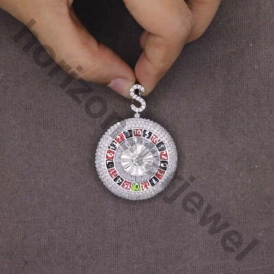 8.51 Ct Lab Created Diamond 14K White Gold Plated Enameled Roulette Pendant 1.9" - Image 1 of 4
