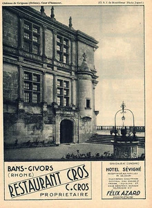 CHATEAU DE GRIGNAN BANS GIVORS RESTAURANT CROS HOTEL SEVIGNE AZARD PUB 1931 AD - Bild 1 von 1