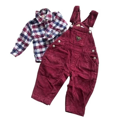 In Design Kids Vintage Sz 18 Months Burgundy Corduroy Overalls Flannel Shirt Set - Image 1 of 4