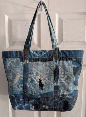 Polo Ralph Lauren Large Blue Denim Tie Dye Shoulder Bag Tote VGUC - Image 1 of 4