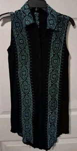 Mēchant Duster XL ~ Black Teal button-up Sleeveless Tunic Duster Embroidered - Picture 1 of 5