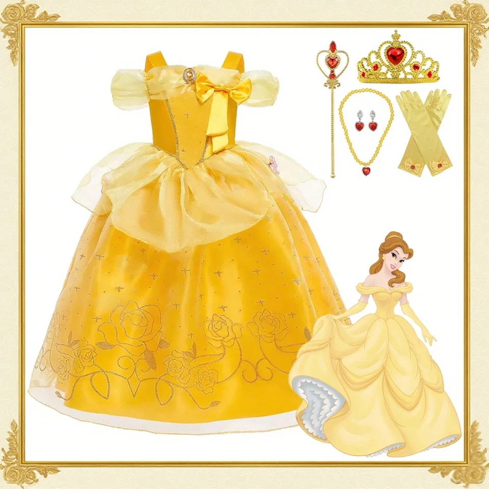 Girls Belle Costume Party Dress Princess Fancy Dress Kids Birthday Cosplay Gifts - Image 1 of 4