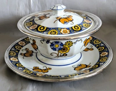 Saucière Ou Bouillon Couvert Environ Porcelaine De Limoges Et Argent Massif... - Photo 1/4