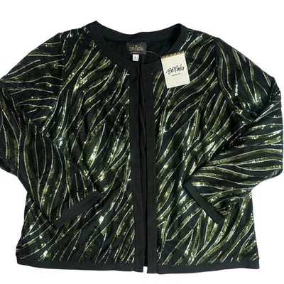 Bob Mackie Lentejuelas Negro/Verde, Diseño Ondulado, Forrado, Chaqueta Abierta Nueva con Etiquetas-XL Foto 1 de 4