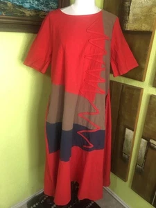 Art to Wear Dress M Red Colorblock Lagenlook Tunic Modest Boho Artsy Shift Midi - Picture 1 of 6