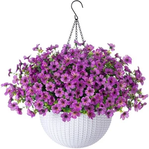 Artificial Fake Hanging Plants Flowers Basket for Outdoor Outside Spring Summ... - Picture 1 of 7