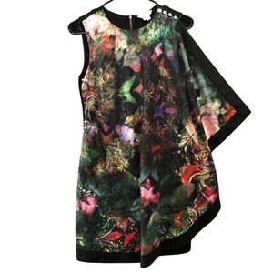 Ted Baker Sheath Dress Size 2 Black Butterfly Floral Cape Drape Front Multicolor - Picture 1 of 8