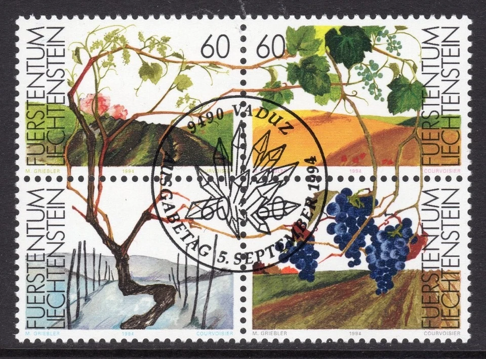 列支敦士登·斯科特 #1032a VF 取消 1994 Se-tenant Block 葡萄藤循环 — 第 1/1 张图片