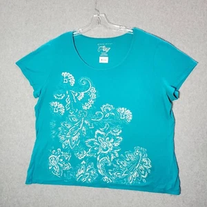 JMS Women Top 2x Blue Shirt Floral Graphic Short Sleeve Round Neck READ - Picture 1 of 7