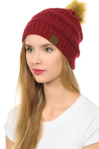 C.C Hat-43 Thick Warm Cap Hat Skully Faux Fur Pom Pom Cable Knit Beanie - Picture 1 of 166