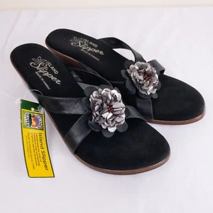 Island Slipper Sandals Womens Size 9 Black Hand Made in Hawaii Flower Beach - Picture 1 of 13