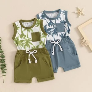 Toddler Baby Boy Summer Clothes Tree Print Tops and Shorts Set Cotton Outfit - Picture 1 of 13