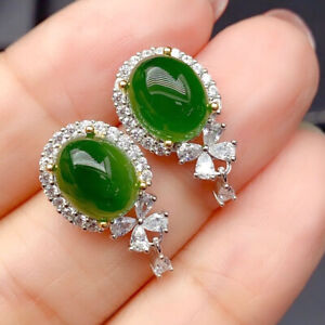 New Oval Shaped Green Jade Mix White Topaz Classical Women Silver Stud Earrings