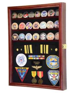 Challenge Coin Display Case Pin Badge Medal Adjustable Shelves Cherry Wood Rack - Picture 1 of 14