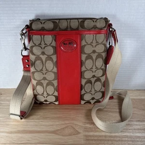 Coach Signature Crossbody Swingpack Bag Khaki & Salmon Orange Patent Trim - Picture 1 of 10
