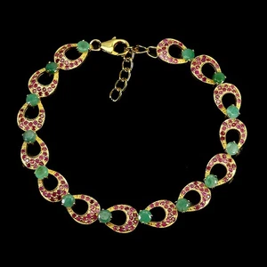 925 Sterling Silver Bracelet Round Emerald 4mm Ruby Gemstone Jewelry 8inches - Picture 1 of 13