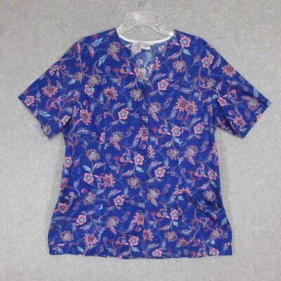 Peaches Women's Button Up Scrub Top Size XL Short Sleeve Blue Pink Floral Nurse - Image 1 of 4
