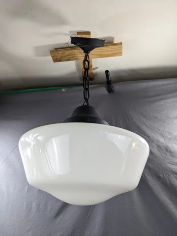 Antique Schoolhouse Industrial Hanging Light Huge Milk Glass Shade Working Cover