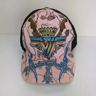 VINTAGE Christian Audigier Hat Pink Gold Adult Snapback Embroidered Trucker Foto 1 de 4