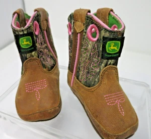 Girl John Deere Johnny Popper Mossy Oak Camo Crib Boots Baby 3M Pink Leather EUC - Picture 1 of 14