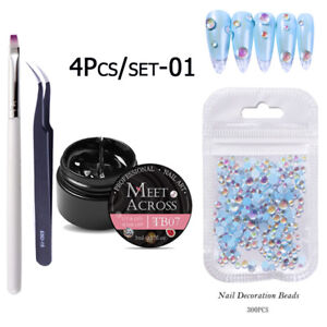 MEET ACROSS Nail Rhinestone Glue Gel Pearl Aurora Brush Kits Manicure 4pcs/set