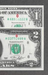 1976 H + 1963 A - $2 + $1 UNC *Insufficient Ink + Fancy Quad # 222 & 999* Notes - Picture 1 of 3
