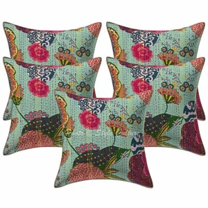 Indian Decorative Printed Sofa Cushion Covers 40 x 40 cm Kantha Cotton Set Of 5 - Picture 1 of 3