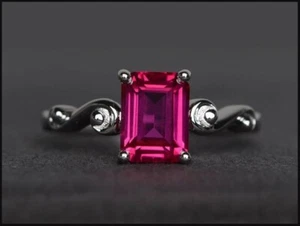 Lab-Created 2CT Emerald Cut Pink Ruby Engagement Wedding Ring 14K White Gold FN - Picture 1 of 4